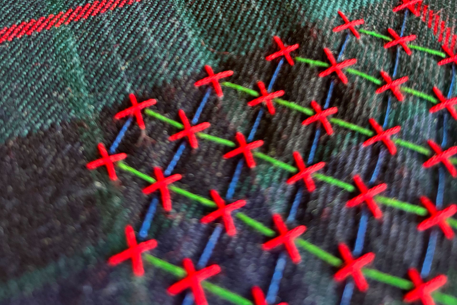 Decorative and colourful stitching sample on a kilt fabric.
