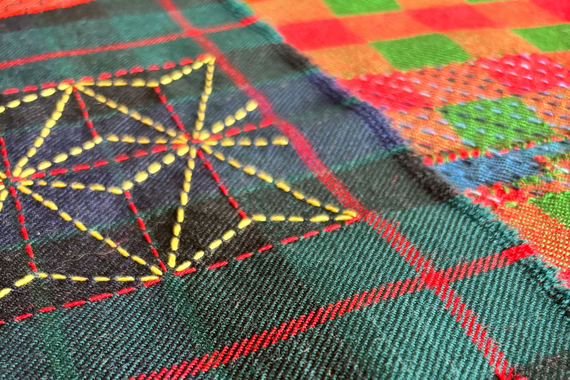 Decorative and colourful stitching sample on a kilt fabric.